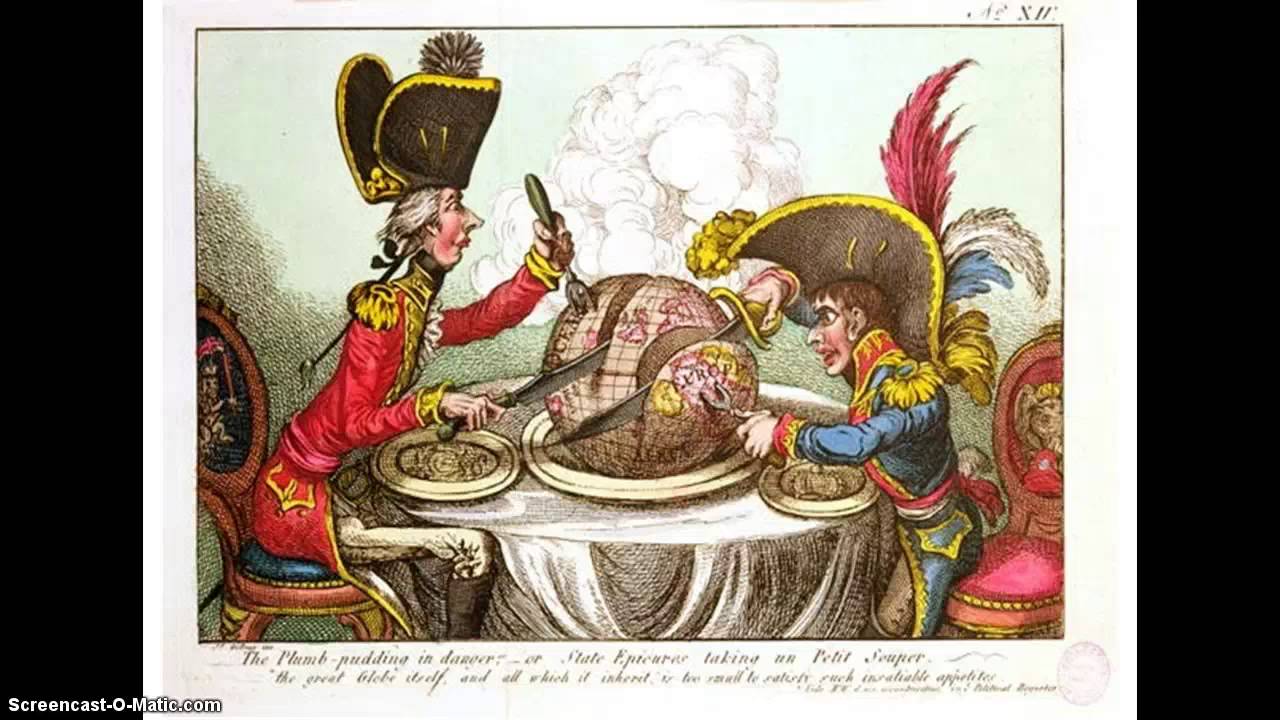 England and France 'carve' pieces of the globe to serve themselves. These type of cartoons depict a clear image of Eurocentric behavior in history. Click the 'source' link for an informative video on Eurocentrism's development.