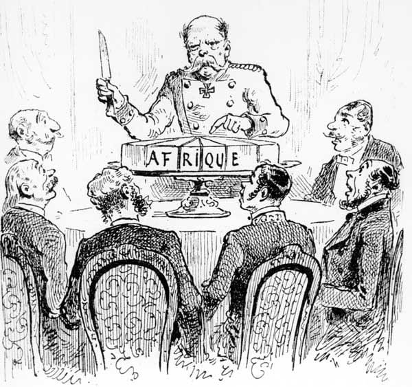 Slices of Africa are served to the French, during the _Scramble for Africa_ throughout the late nineteenth and early twentieth centuries. The concern in their faces is because they're worried they won't get a big enough slice. Most African countries (re)gained independence less than fifty years ago.